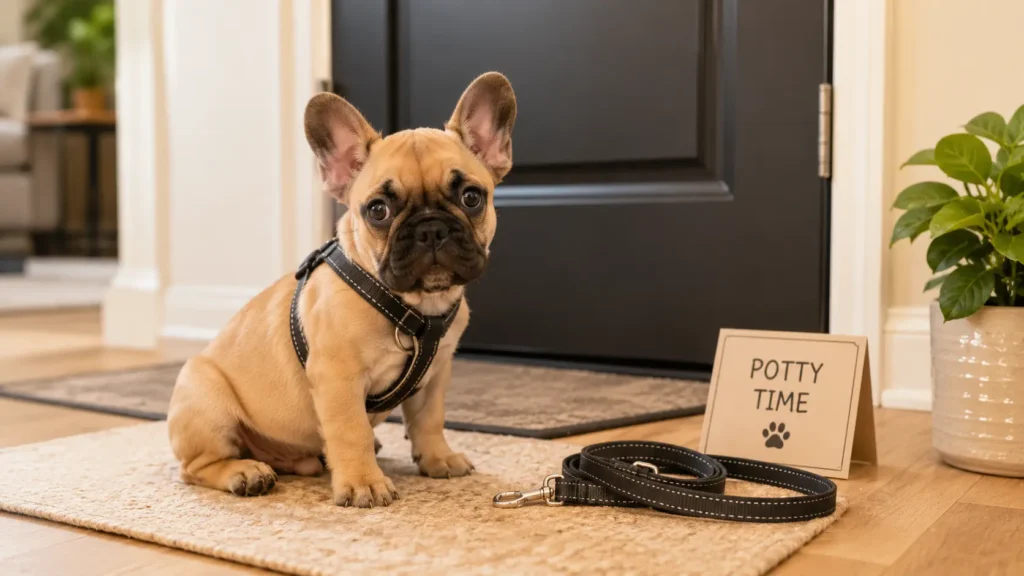 French Bulldog puppy sitting near an apartment door with a leash ready for potty time during a house training routine.