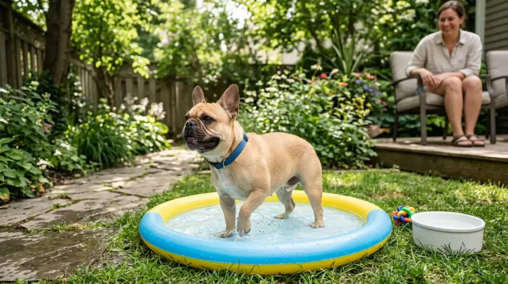 French Bulldog cooling off with supervised shallow water play