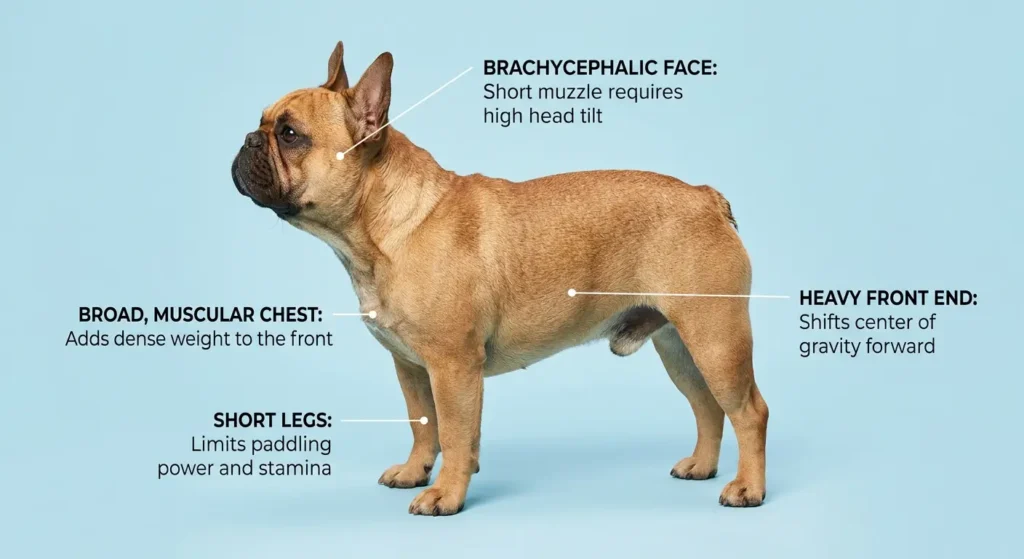 An educational real-life infographic of a French Bulldog profile explaining anatomical swimming difficulties like a heavy front end and short muzzle.