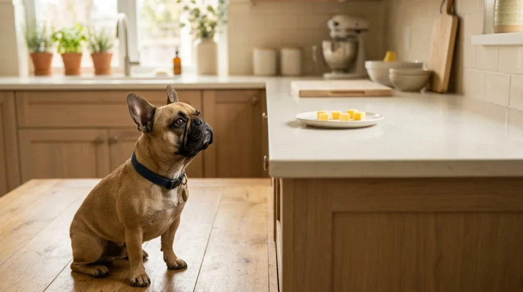 Can Frenchies eat cheese guide with a French Bulldog looking at small cheese cubes