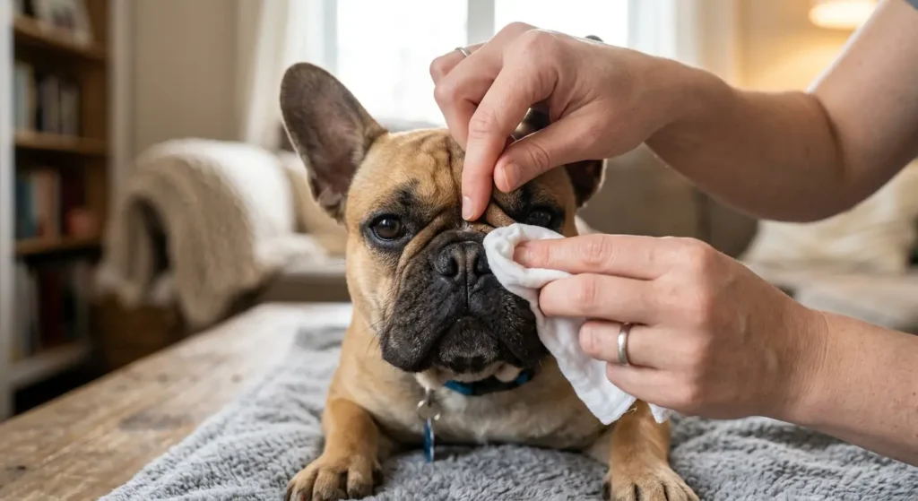 Owner cleaning a French Bulldog's facial wrinkles using a soft white wipe