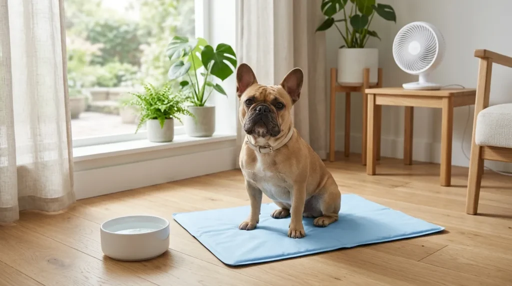 French Bulldog sitting on a cooling mat in a cool indoor summer room