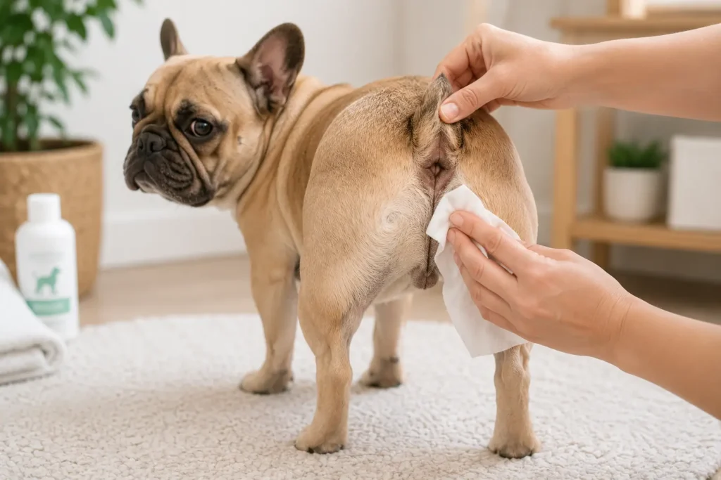 A person cleaning a French Bulldog's tail pocket with a grooming wipe to keep a French Bulldog from smelling.