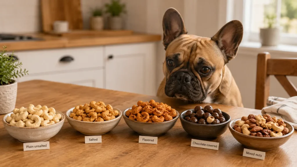 French Bulldog looking at plain unsalted cashews, salted cashews, flavored cashews, chocolate-covered nuts, and mixed nuts