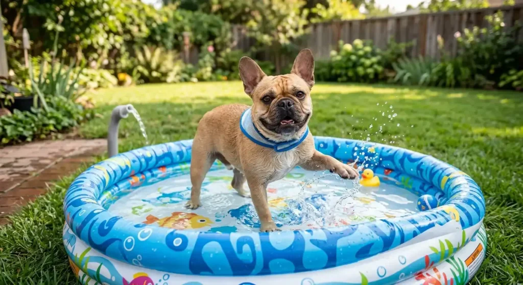 A realistic photograph of a stocky fawn French Bulldog playfully splashing in a shallow blue kiddie pool filled with paw-deep water on a lush backyard lawn.