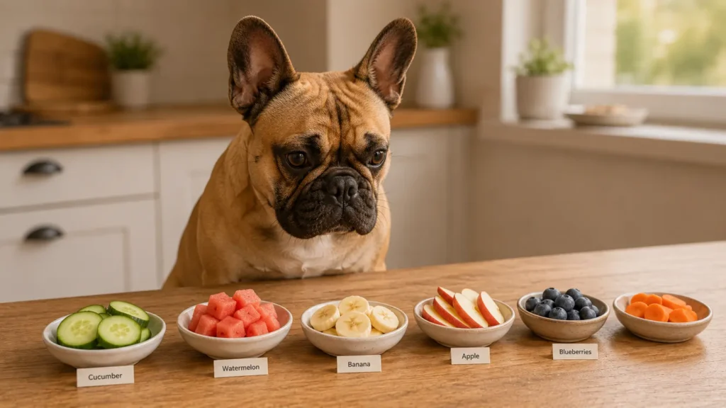 French Bulldog looking at safer treat alternatives including cucumber, watermelon, banana, apple, blueberries, and carrots