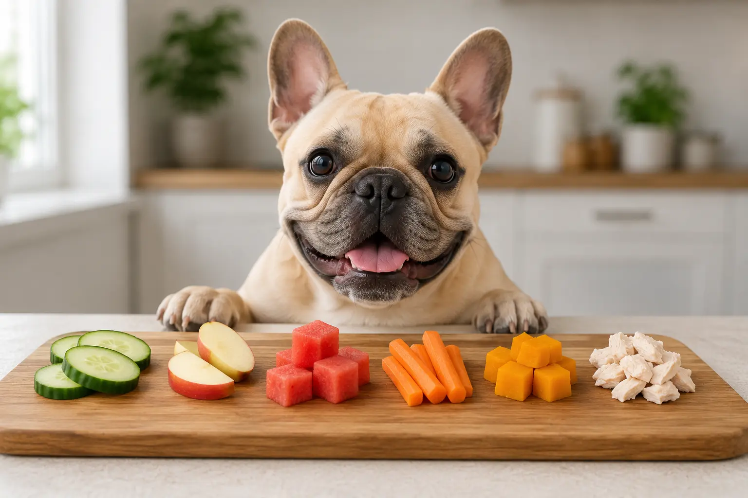 French Bulldog with small portions of safe human foods including cucumber apple watermelon carrot pumpkin and plain chicken