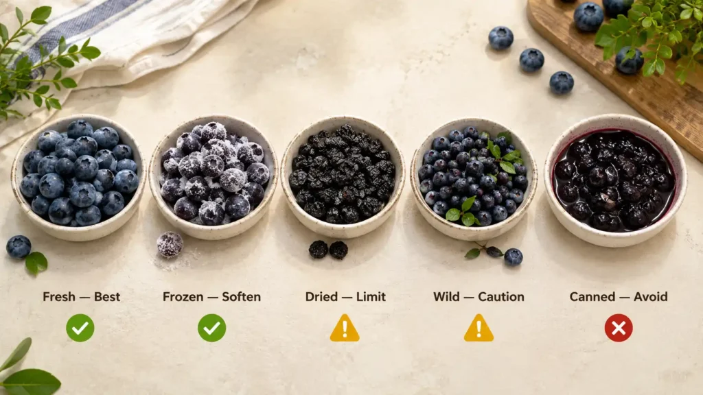 Types of blueberries French Bulldogs can eat, including fresh, frozen, dried, wild and canned blueberries.