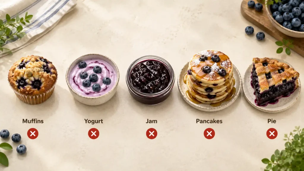 Blueberry foods French Bulldogs should avoid, including muffins, yogurt, jam, pancakes and pie.