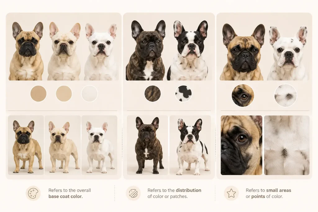 French Bulldog coat colors, patterns, and markings shown on different frenchie.