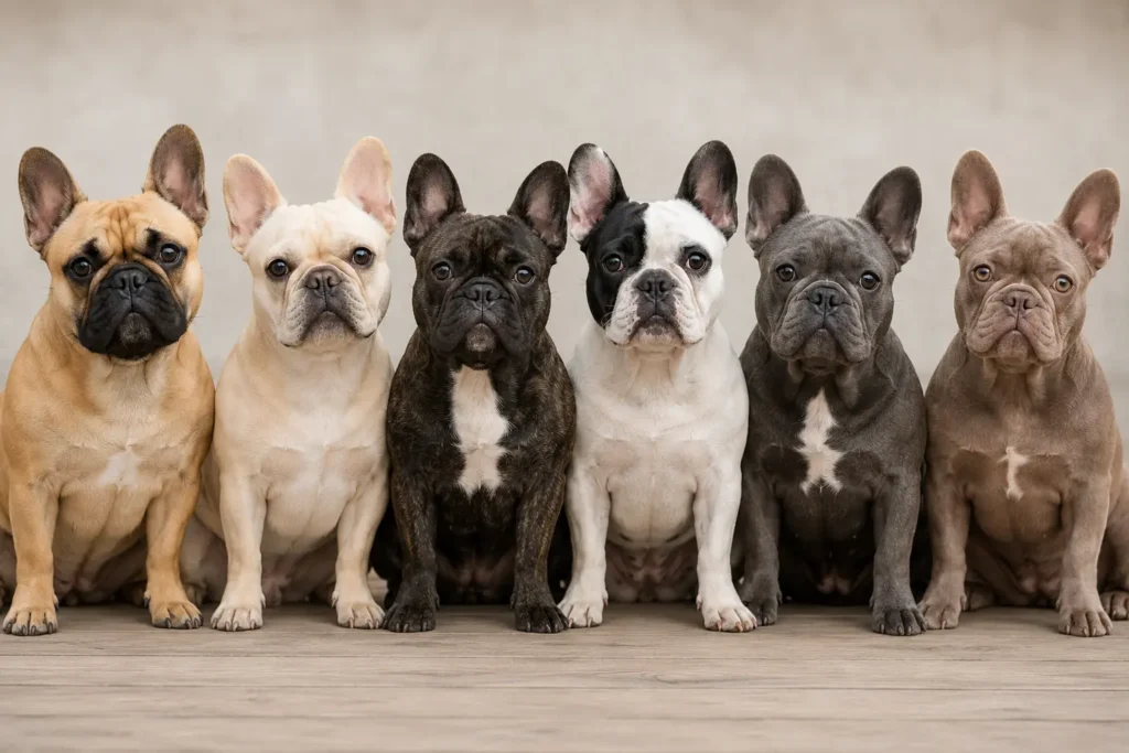 Adult French Bulldogs showing different coat colors and patterns