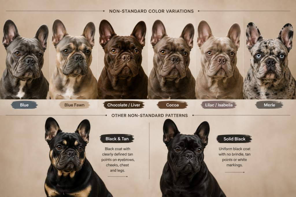 Rare and non-standard French Bulldog colors including blue, blue fawn, chocolate, cocoa, lilac, Isabella, merle, black and tan, and solid black.