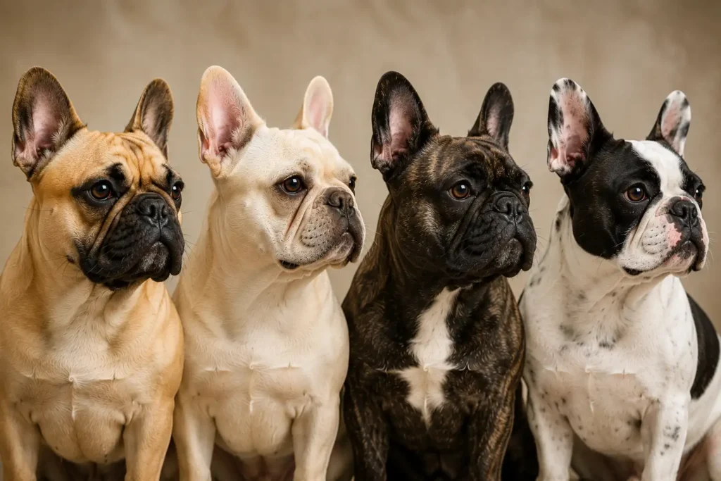 standard French Bulldogs showing fawn, cream, brindle, and pied coat colors and patterns.