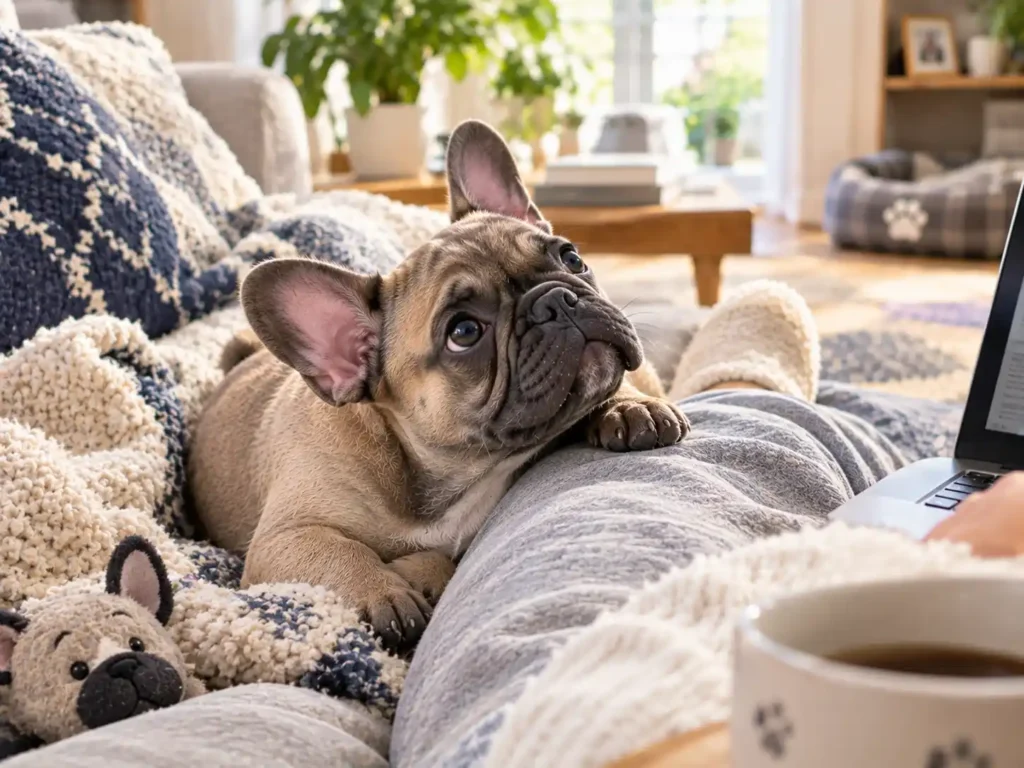 French Bulldog puppy cuddling beside its owner on a sofa at home