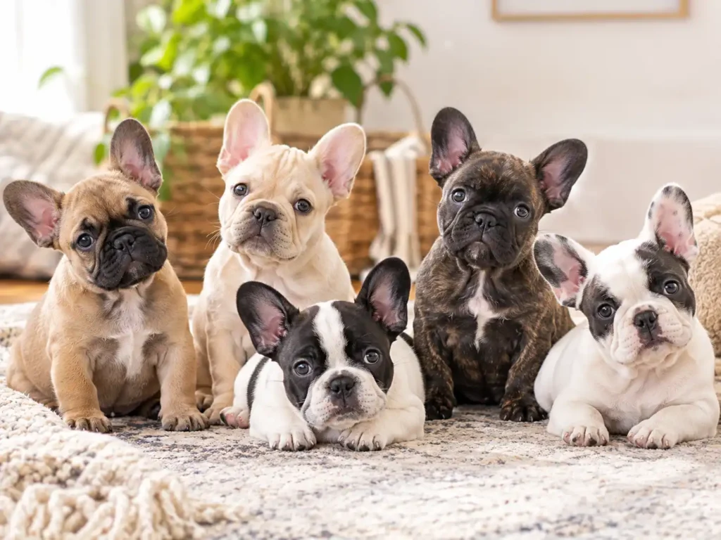 Five French Bulldog puppies showing different recognized coat colors and patterns, including fawn, cream, brindle, and pied.