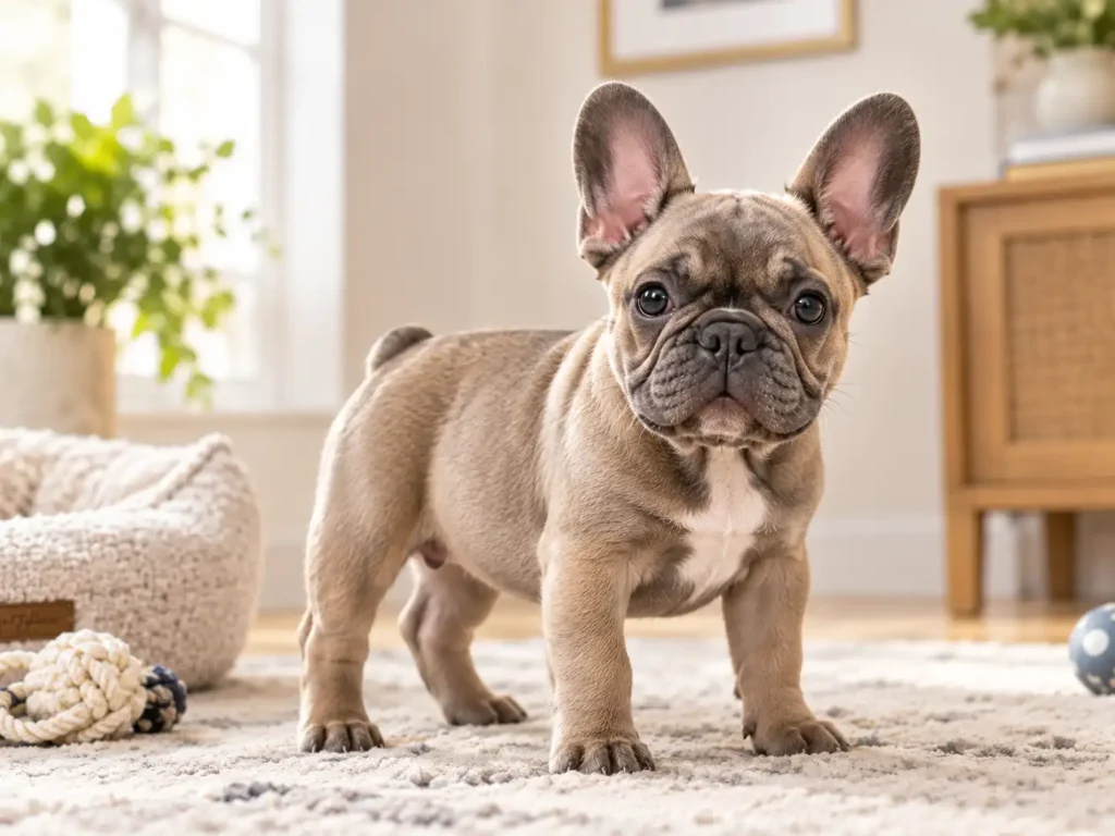 French Bulldog puppy showing distinctive bat ears, facial wrinkles, compact muscular body, and short smooth coat.