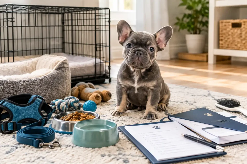 French Bulldog puppy with essential supplies for the cost of owning a Frenchie.