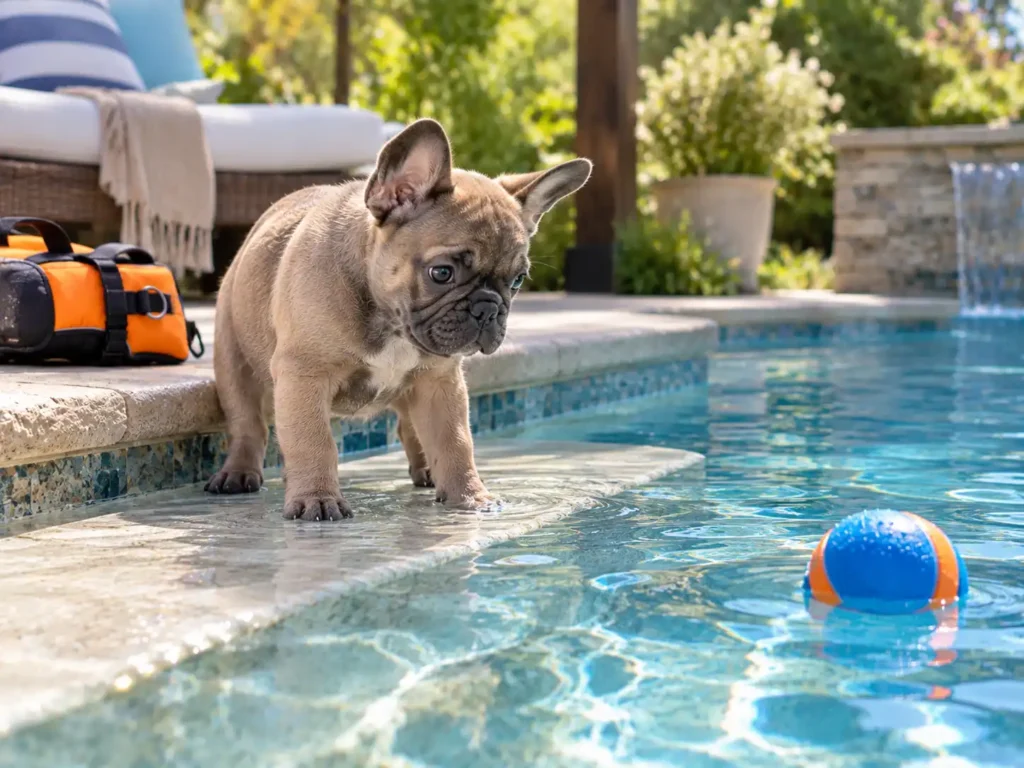 French Bulldog puppy cautiously standing on a shallow pool step while looking at deeper water.