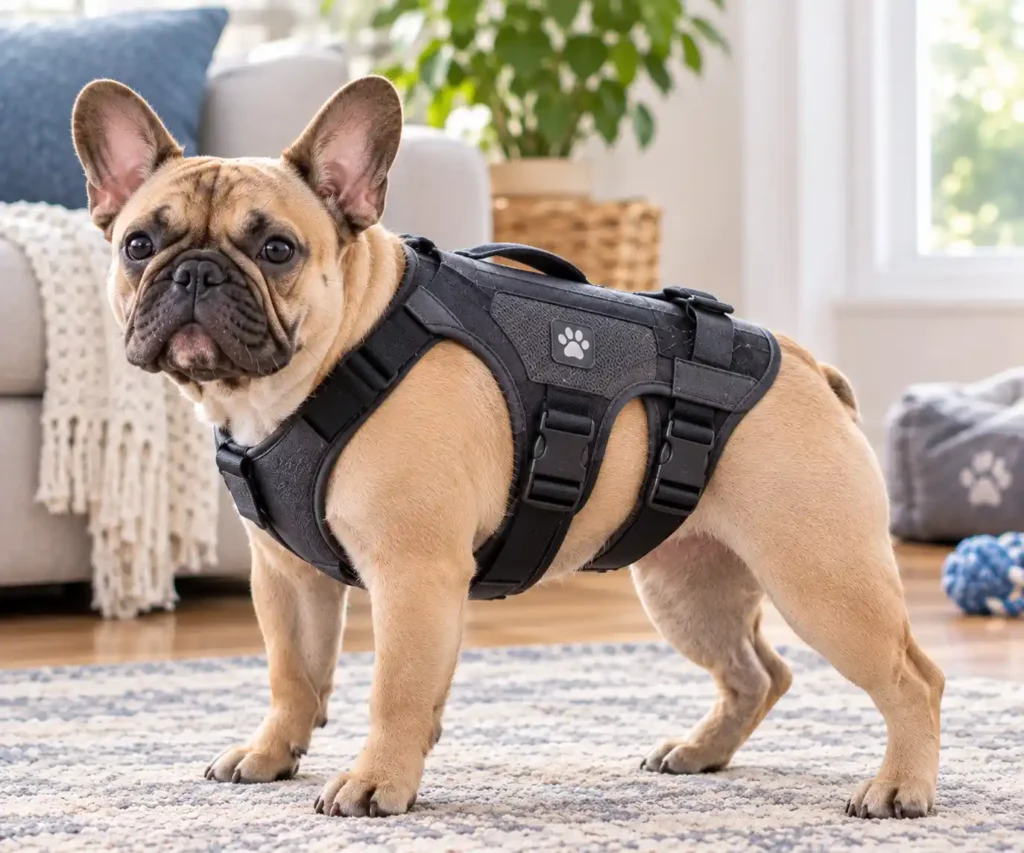 French Bulldog showing its compact back and body structure in a natural side profile.