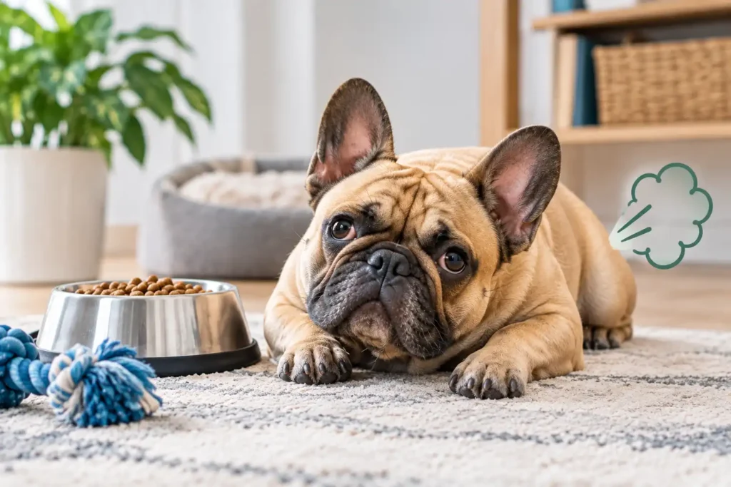 French Bulldog beside a food bowl illustrating why French Bulldogs fart so much