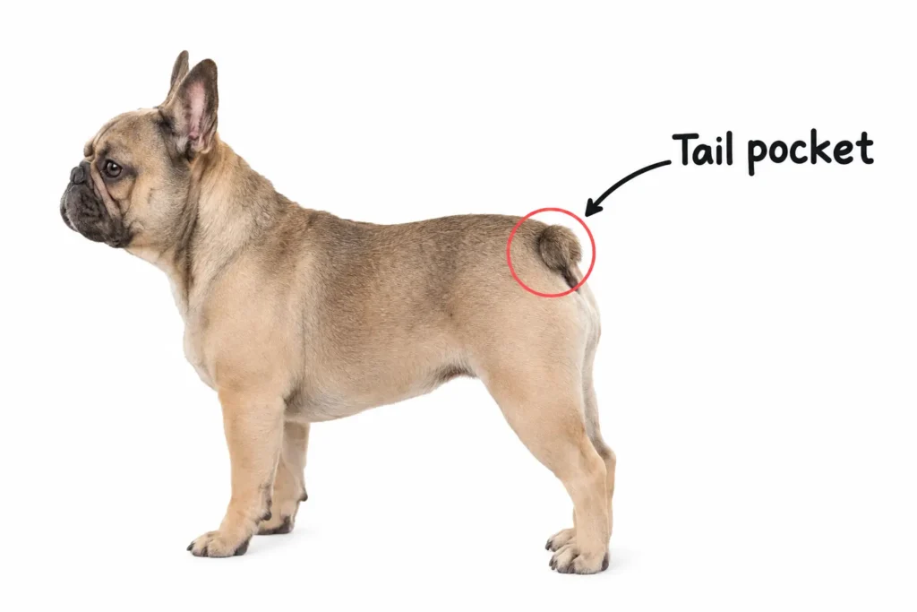 French Bulldog tail pocket location beneath the short tail.