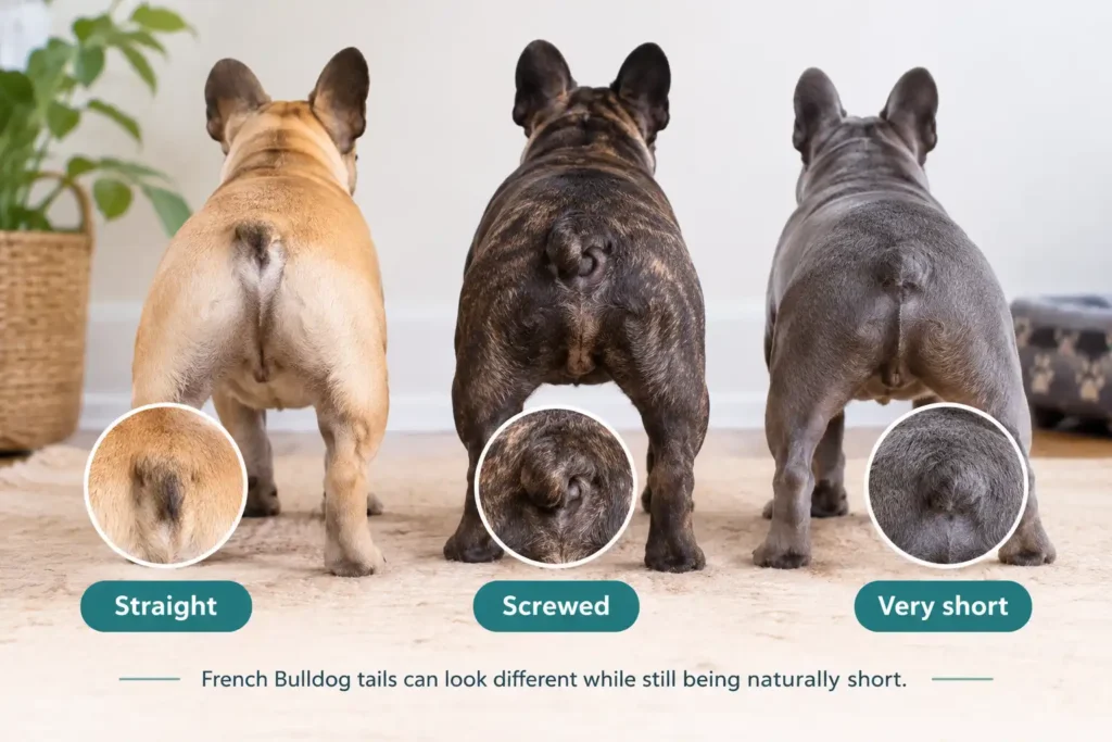 French Bulldog tail types showing straight, screwed, and very short tails.